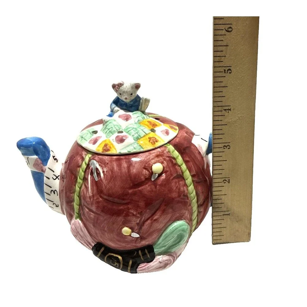Vintage LEFTON China Tea Pot Ceramic Mouse Sewing Basket Theme - Hand Painted